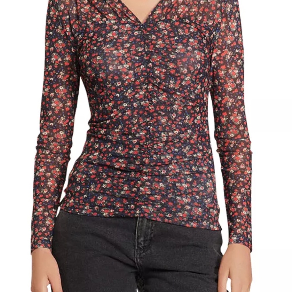 Sandro Bethanie Stretch Ruched Floral Sheer Long Sleeve Top (Size: Small)